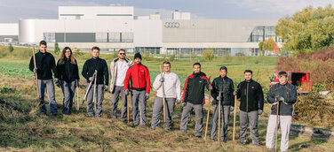Neckarsulmer Auszubildende helfen, für Zauneidechsen einen geeigneten Lebensraum in den Böllinger Höfen zu schaffen.