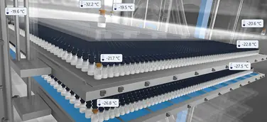 Modell eines Gefriertrockners mit Vials und Temperaturen bei den Sensoren