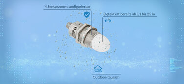 Der robuste Anti-Kollisionsradar OndoSense reach WA bietet bis zu 4 Sensorzonen und detektiert Objekte bereits ab 0,1 und bis 25 Meter. 