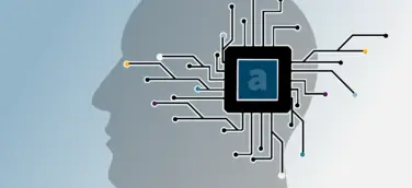 Ein Symbolbild mit der Silhouette eines Kopfes, einem Prozessor und Linien zu Verdeutlichung der analogischen Vernetzung im Gehirn und in der IT 