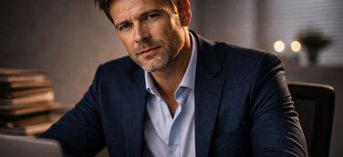 Unternehmer mit angespannter, konzentrierter Mimik blickt direkt in die Kamera