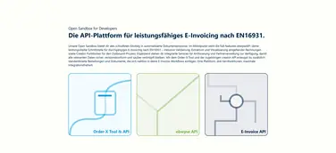 Das Bild zeigt die Startseite des Developer-Portals obwyse.dev mit dem kostenlosen Order-X-Tool, der frei verfügbaren Sandbox zum Testen der API-Collection und den E-Invoice-Endpunkten