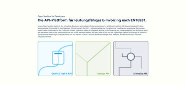Das Bild zeigt die Startseite des Developer-Portals obwyse.dev mit dem kostenlosen Order-X-Tool, der frei verfügbaren Sandbox zum Testen der API-Collection und den E-Invoice-Endpunkten