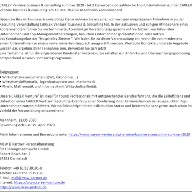 CAREER Venture business & consulting summer 2020 - Jetzt bewerben und zahlreiche Top-Unternehmen am 18. Mai 2020 in Mannheim kennenlernen