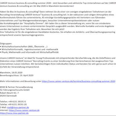 CAREER Venture business & consulting summer 2020 - Jetzt bewerben und zahlreiche Top-Unternehmen am 18. Mai 2020 in Mannheim kennenlernen