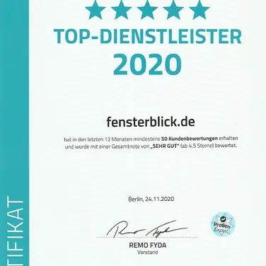 Fensterblick als TOP-DIENSTLEISTER 2020 von ProvenExpert ausgezeichnet