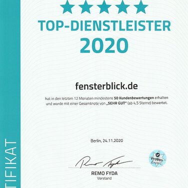 Fensterblick als TOP-DIENSTLEISTER 2020 von ProvenExpert ausgezeichnet