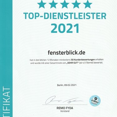Fensterblick als TOP-DIENSTLEISTER 2021 von ProvenExpert ausgezeichnet