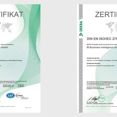 BI Business Intelligence GmbH erfolgreich zertifiziert nach ISO 9001:2015 und DIN EN ISO/IEC 27001:2017