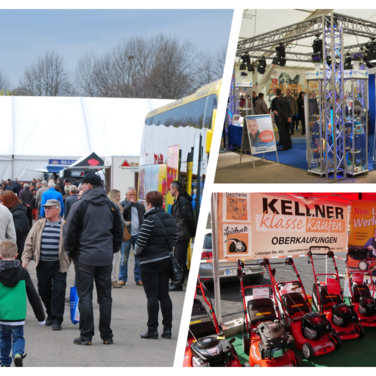 Menschen und Stände auf einer Gewerbeschau