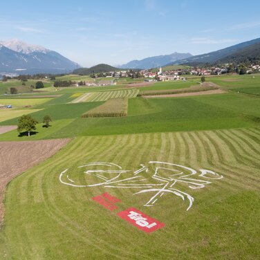Riesen Radfahrer auf Feld gedruckt