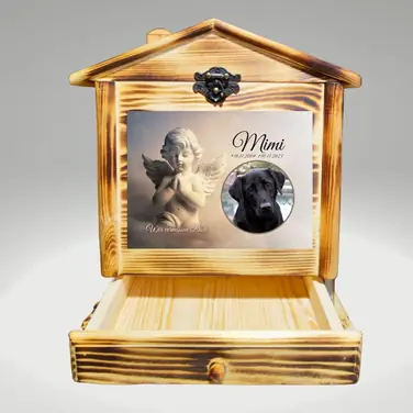 Hundeurne mit Engel und Hundeportrait