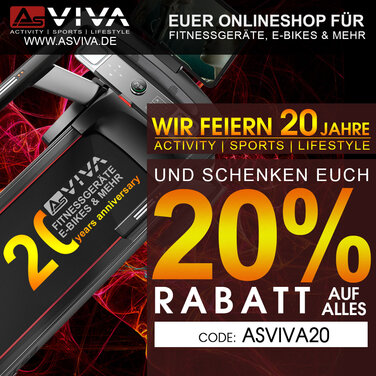 20 Jahre AsVIVA Jubiläum mit großer 20% Rabatt Aktion und Fitnessgeräte Sale