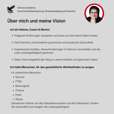 Prägende Erfahrungen verstehen und lösen und die innere Stärke finden. Das Erreichen und bewahren psychische und physische Gesundheit. Herausforderungen in Chancen verwandeln und die volle Leistungsfähigkeit gewinnen. Gemeinsam stärken wir das Selbstbewusstsein und den Selbstwert, fördern die Gesundheit und steigern die Leistungsfähigkeit. 