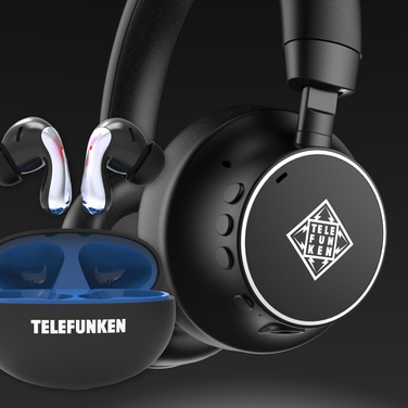 Over-Ear Kopfhörer im Hintergrund und Earbuds im Vodergrund mit jeweils TELEFUNKEN-Logo