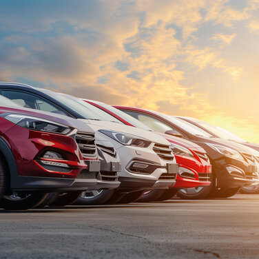 Text im Foto als Überschrift: The Business Concept. Automotive Awards 2024. Mehrere Autos in verschiedenen Farben wie Rot, Weiß, Grau stehen nebeneinander, Sicht jeweils von der Seite auf die Front jedes Autos bis zur Windschutzscheibe.