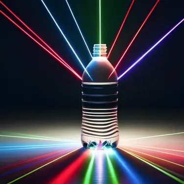 Visualisierung einer Plastikflasche, die von Lasern bestrahlt wird.