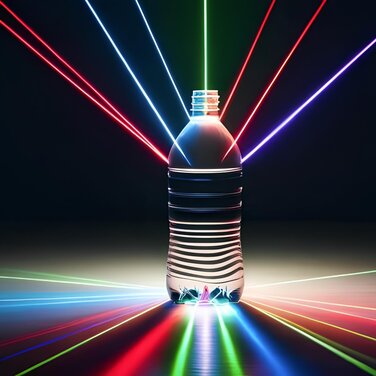 Visualisierung einer Plastikflasche, die von Lasern bestrahlt wird.
