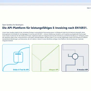 Das Bild zeigt die Startseite des Developer-Portals obwyse.dev mit dem kostenlosen Order-X-Tool, der frei verfügbaren Sandbox zum Testen der API-Collection und den E-Invoice-Endpunkten