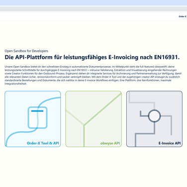 Das Bild zeigt die Startseite des Developer-Portals obwyse.dev mit dem kostenlosen Order-X-Tool, der frei verfügbaren Sandbox zum Testen der API-Collection und den E-Invoice-Endpunkten