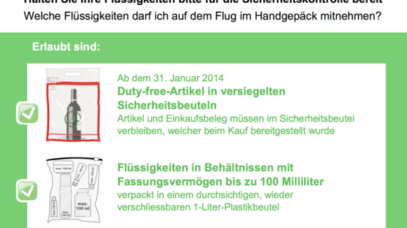 Ge­än­der­te Re­ge­lun­gen für die Mit­nah­me von Flüs­sig­kei­ten im Hand­ge­päck auf Flug­rei­sen