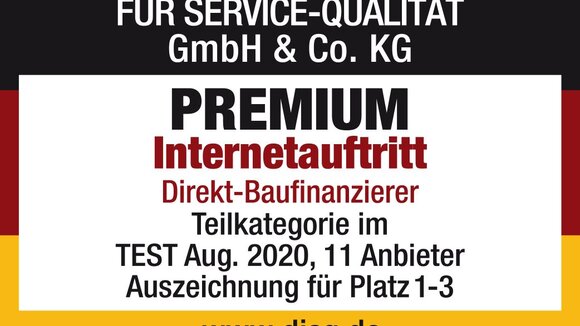 Direkt-Baufinanzierer DISQ-Studie: Premium-Auszeichnung für DTW | Immobilienfinanzierung