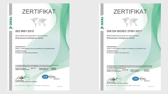 BI Business Intelligence GmbH erfolgreich zertifiziert nach ISO 9001:2015 und DIN EN ISO/IEC 27001:2017