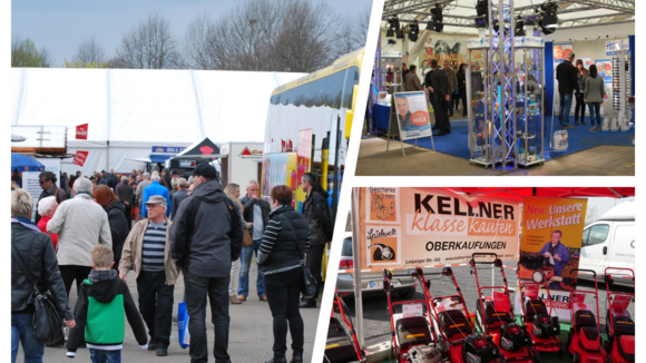 Menschen und Stände auf einer Gewerbeschau