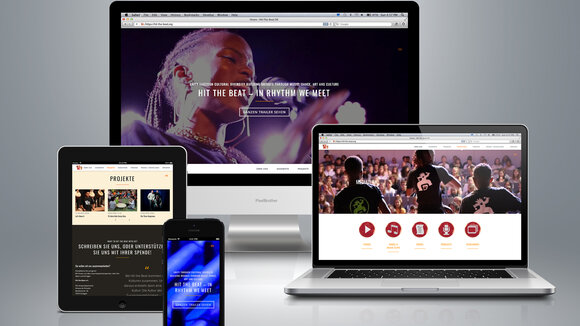 Verschiedene Seiten der Website von "Hit The Beat" im neuen Design auf verschiedenen Endgeräten.