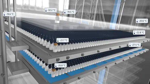 Modell eines Gefriertrockners mit Vials und Temperaturen bei den Sensoren