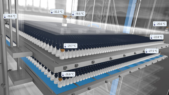 Modell eines Gefriertrockners mit Vials und Temperaturen bei den Sensoren