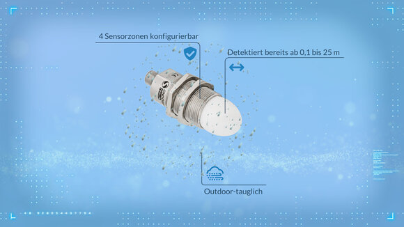 Der robuste Anti-Kollisionsradar OndoSense reach WA bietet bis zu 4 Sensorzonen und detektiert Objekte bereits ab 0,1 und bis 25 Meter. 