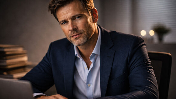 Unternehmer mit angespannter, konzentrierter Mimik blickt direkt in die Kamera