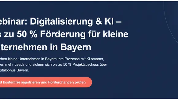Webinar-Banner von Fink Digital und Studio 9 mit zwei Referenten. Thema: KI für bessere Erreichbarkeit, Prozesse, Leads und IT-Sicherheit sowie bis zu 50 % staatlicher Zuschuss. Termin: 15.07.2026 um 10:00 Uhr.