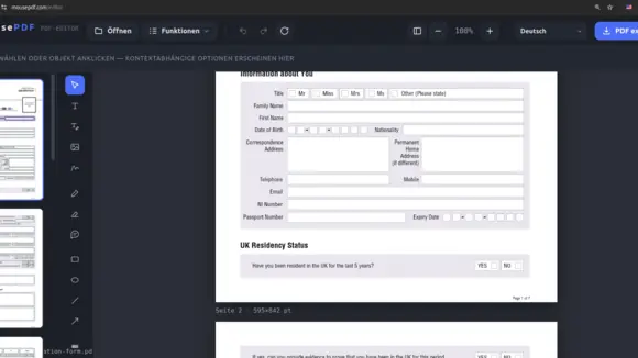 mousePDF ist ein kostenloser PDF-Editor, der ausschließlich im Browser arbeitet. Dokumente werden nicht hochgeladen, nicht gespeichert und nicht an Dritte weitergegeben. Nutzung ohne Registrierung, verfügbar in 41 Sprachen. mousepdf.com
