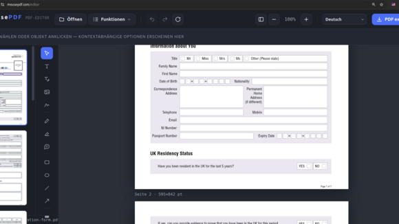 mousePDF ist ein kostenloser PDF-Editor, der ausschließlich im Browser arbeitet. Dokumente werden nicht hochgeladen, nicht gespeichert und nicht an Dritte weitergegeben. Nutzung ohne Registrierung, verfügbar in 41 Sprachen. mousepdf.com