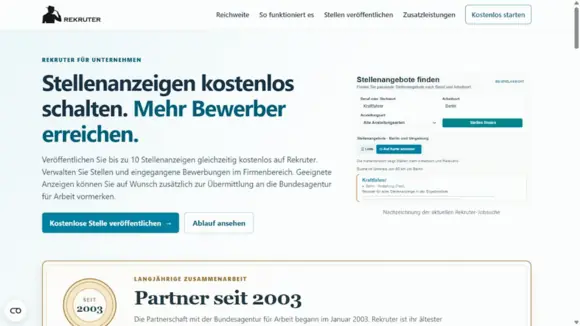 Die Unternehmensseite zeigt den kostenlosen Einstieg und die Rekruter-Jobsuche. Zehn Anzeigen sind das kostenlose Grundkontingent.