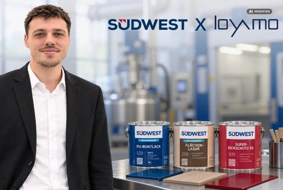 Loyamo-Mitarbeiter steht neben SÜDWEST Lacken und Farben.