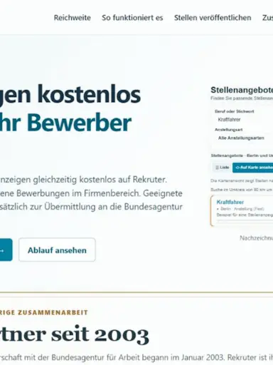 Die Unternehmensseite zeigt den kostenlosen Einstieg und die Rekruter-Jobsuche. Zehn Anzeigen sind das kostenlose Grundkontingent.